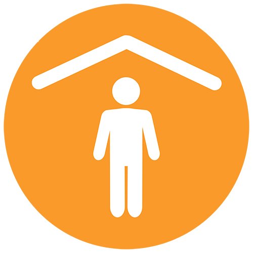 yellow icon with illustrated person under illustrated shelter