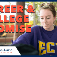 Student outdoors wearing a purple sweatshirt. Text reads: "Career & College Promise"