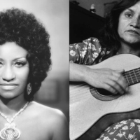 Side by side images of Cuban Singer Celia Cruz and Chilean Singer Violeta Parra