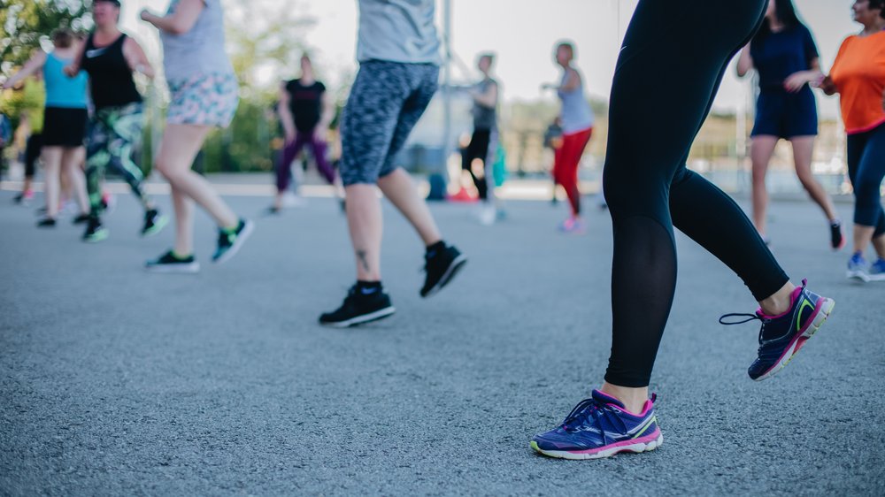 Closeup of feet of zumba participants