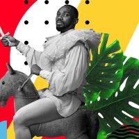 person dressed in medieval attire, holding a small sword and riding a toy horse.