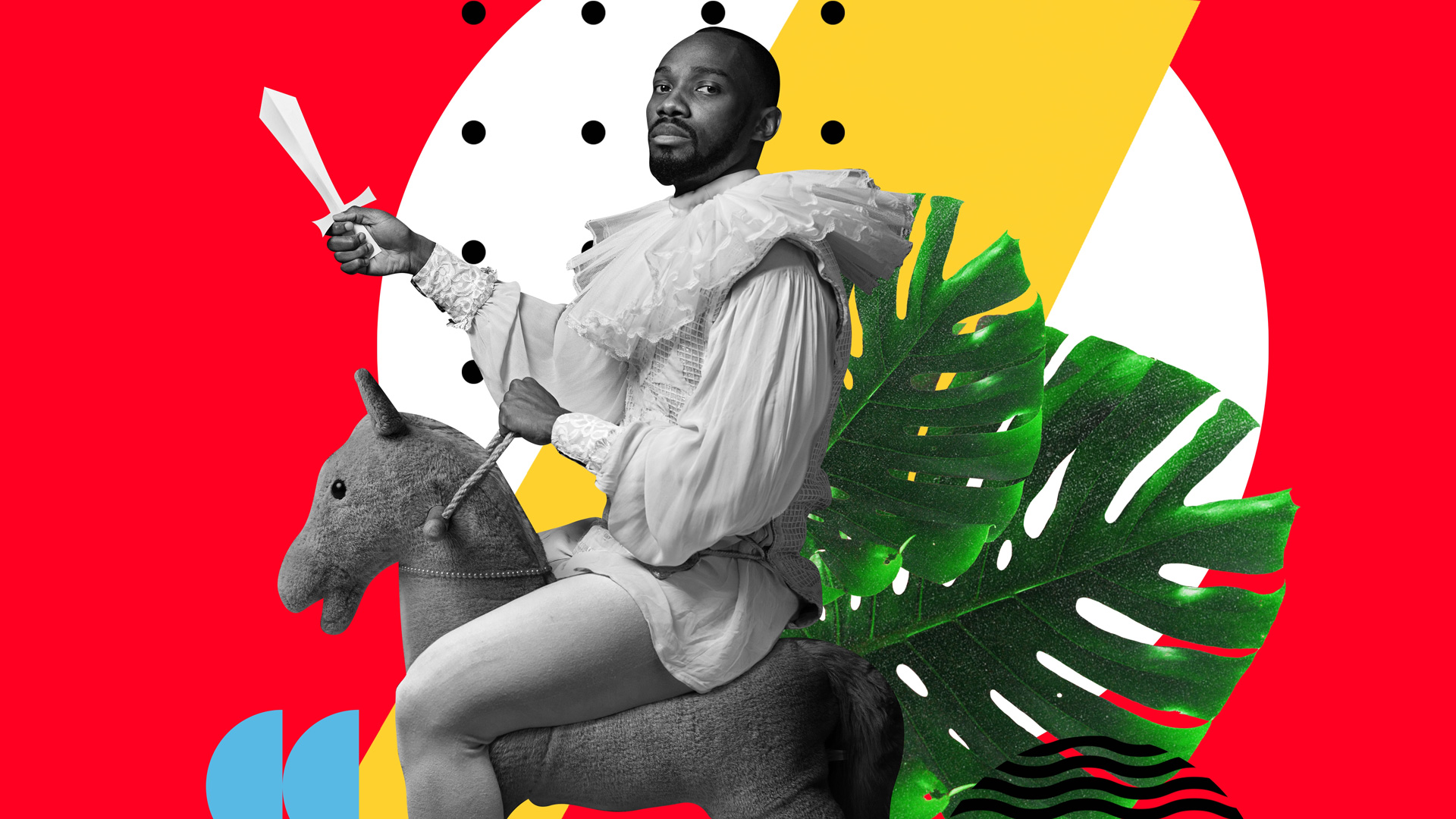 person dressed in medieval attire, holding a small sword and riding a toy horse.