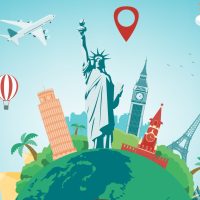 Illustration of the globe with various recognizable icons from various countries.