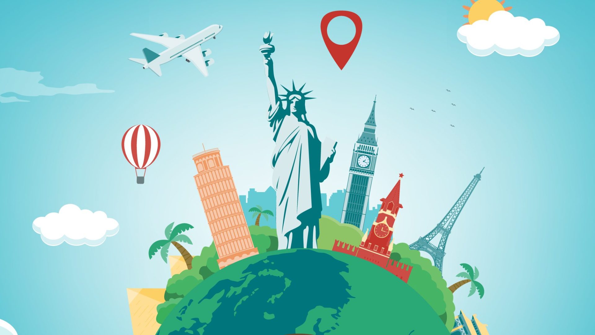 Illustration of the globe with various recognizable icons from various countries.