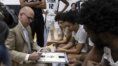 Storm Basketball Coach draws up play while team watches