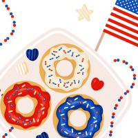 Illustration of Red, White and Blue Doughnuts and an American flag.