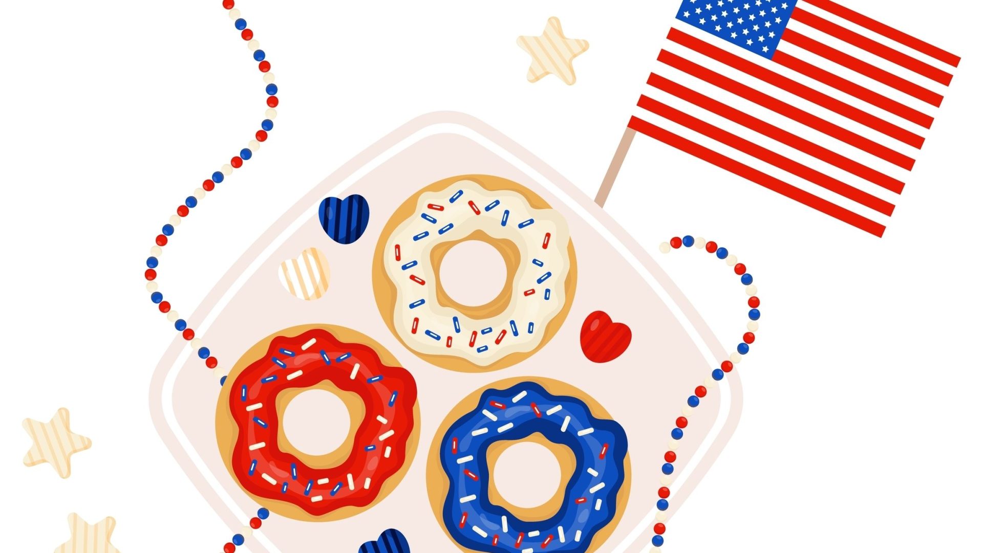 Illustration of Red, White and Blue Doughnuts and an American flag.