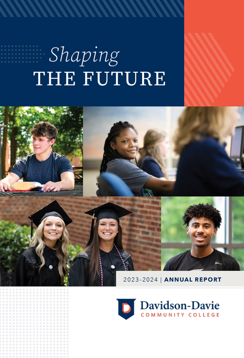 2023-2024 Annual Report Cover that shows photos of 5 Davidson-Davie students in various settings on the college campus