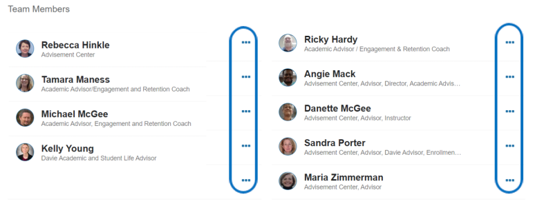 Advising team member list with names, roles, and small profile pictures.