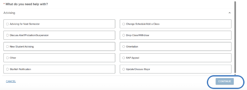 Web form for advising help with various options and a continue button.