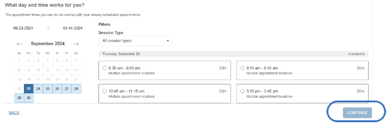 Scheduling interface with a calendar and available appointment slots.