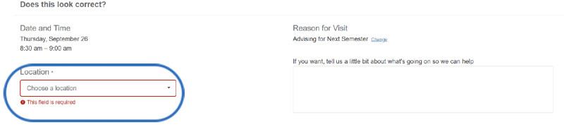 Screenshot of an online form for appointment confirmation with details about date, time, and reason for visit, requiring a location selection.