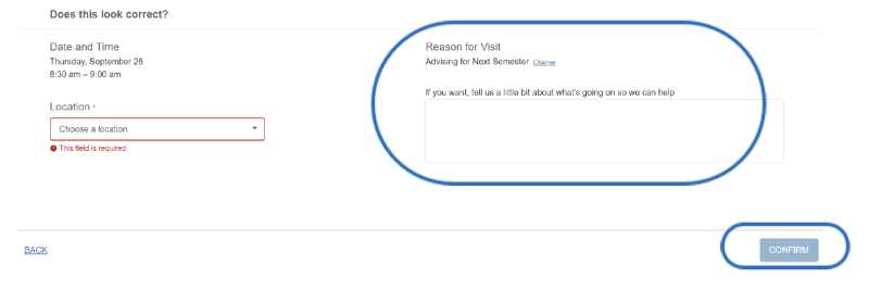 Screenshot of an online form for appointment confirmation with details about date, time, and reason for visit, requiring a location selection.