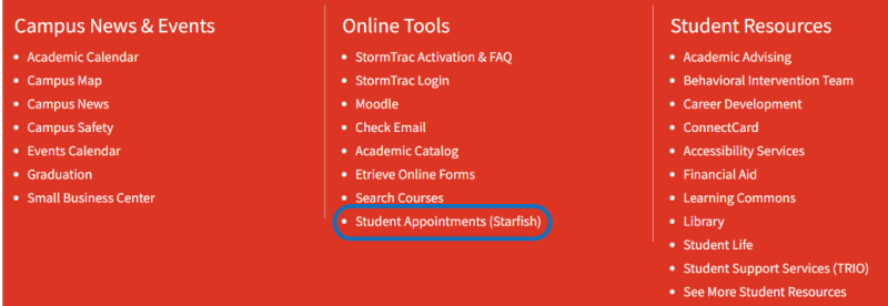 Image with three sections listing Campus News & Events, Online Tools, and Student Resources on a red background.