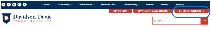 avidson-Davie Community College website header with logo, navigation menu, red buttons, and search bar.