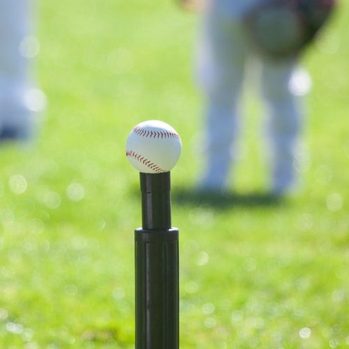 Baseball,On,Tee,,Grass,Background,,T,Ball White baseball sitting on top of a black batting tee..