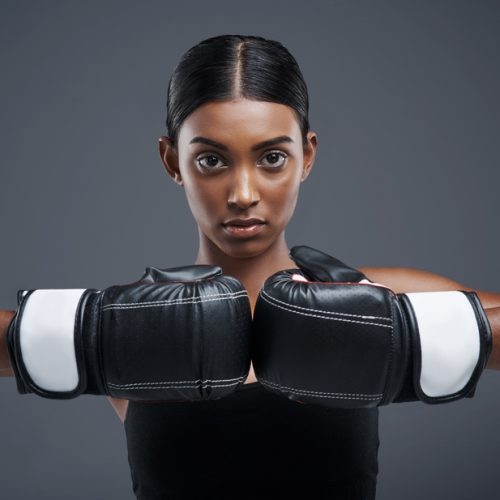 Portrait,,Gloves,And,Indian,Woman,With,Boxer,For,Sports,,Combat Girl wearing black boxing glves